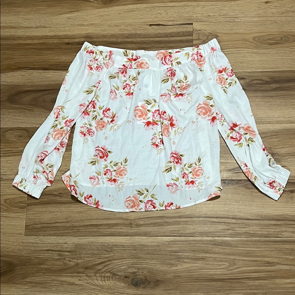 L'Academie Off-Shoulder White Top with Red and Pink Floral Accents